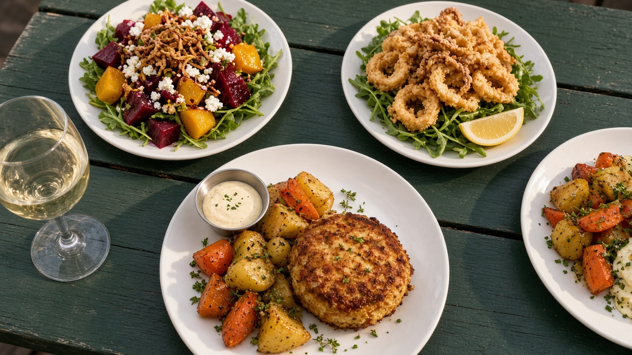 Crab cake, roasted beets, calamari, and wine on a sunlit tabletop at Del Sol